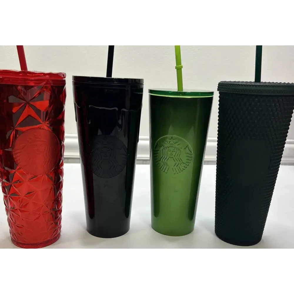 4 Starbucks Mermaid Tumblers Black Drip & Studded -Shiny Green-Red Stars 24 Oz